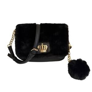Juicy Couture Crossbody Bag Faux Fur Black Y2K Glam Aesthetic Pompom Chain Strap